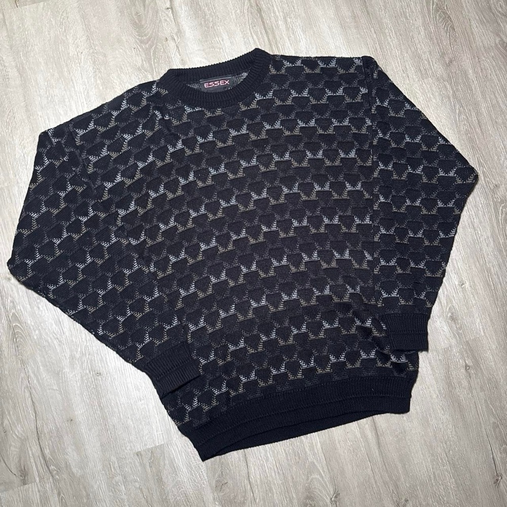 Vintage grandpa black & grey patterned sweater, Mens Large